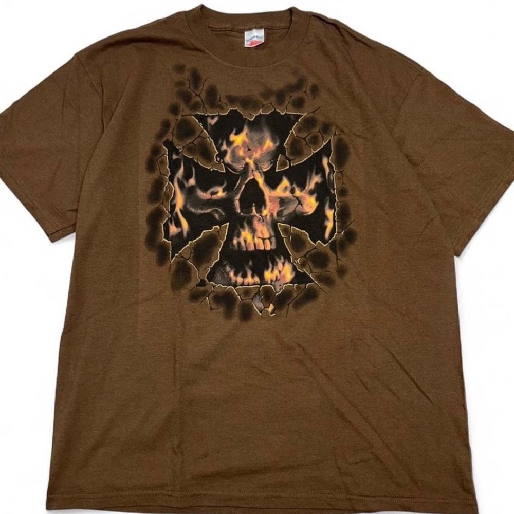 Vintage West Coast Choppers style Iron Cross flaming skull tee